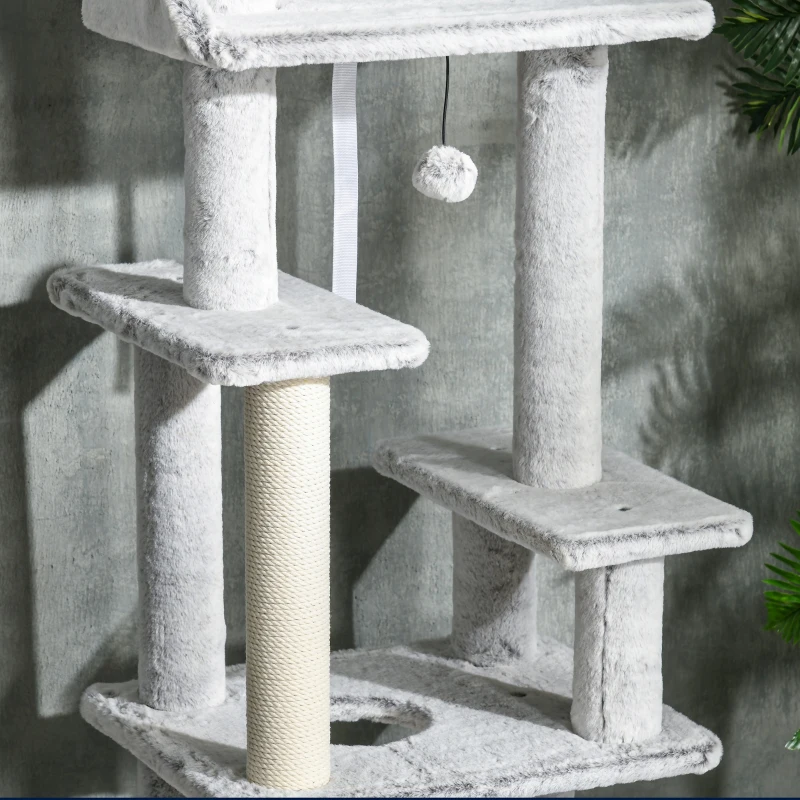 PawHut Albero Tiragraffi per Gatti a Soffitto con Piattaforme e Casetta, 60x40x225-255cm, Grigio