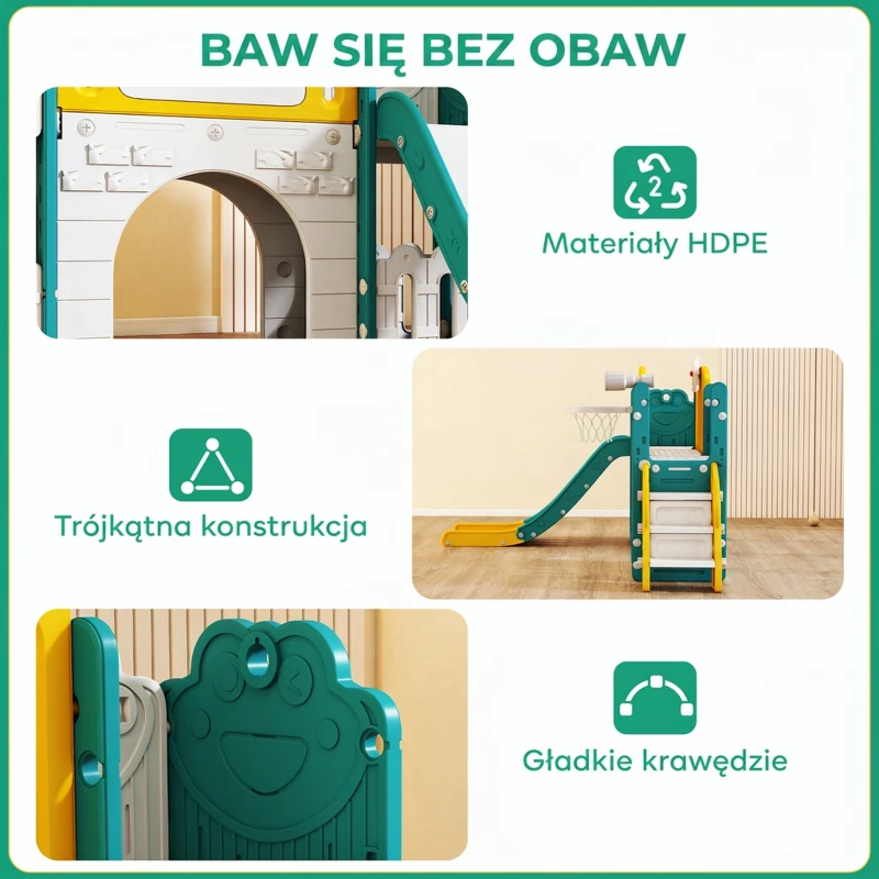 AIYAPLAY Zestaw zjeżdżalni 7 w 1 dla małych dzieci, kosz do koszykówki, motyw żaby, zestaw do wspinaczki, siedzisko huśtawkowe, wewnątrz i na zewnątrz, żółty+zielony