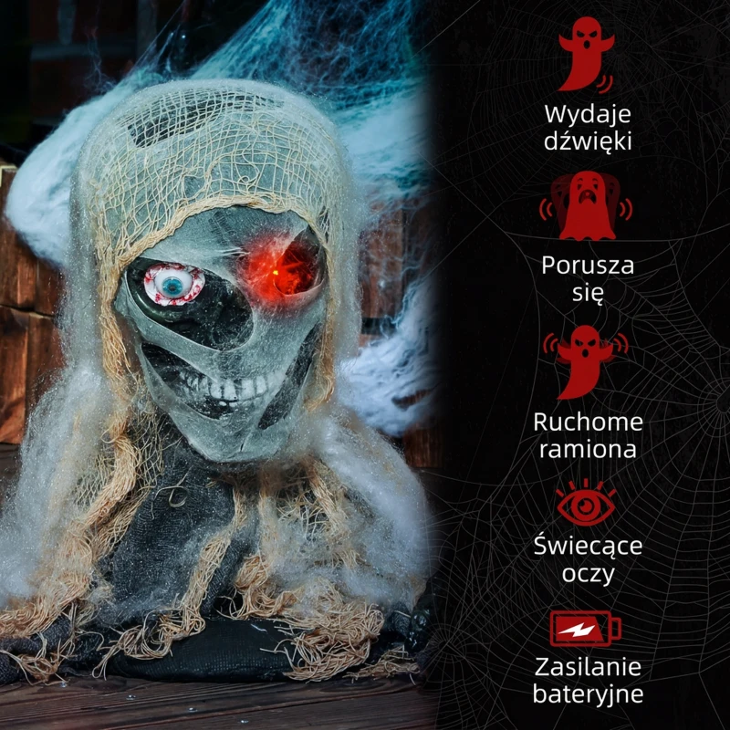 HOMCOM 14" Single-eyed Mummy Outdoor Halloween Decoration, Halloween Animatronic with Sound Activated, Light Up Eyes, Sound Effects, Animated Prop for Haunted House