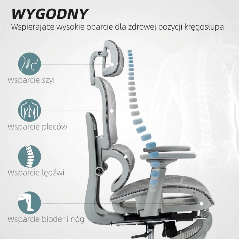 HOMCOM Fotel biurowy, Ergonomiczny krzesło biurowe z siatkowym obiciem, regulowane, na kółkach, z podłokietnikami, zagłówkiem, Szary