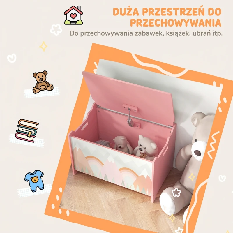 ZONEKIZ Skrzynia na zabawki, pudełko z otwieraną pokrywą, zawias bezpieczeństwa, urocze zwierzęce wzory, uchwyt, miejsce do przechowywania zabawek w pokoju dziecięcym, 60x37x39 cm, Różowy