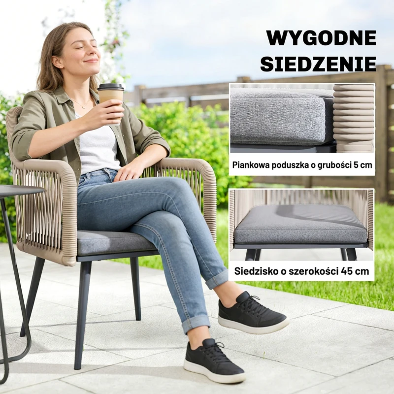 Outsunny Zestaw 2 krzeseł ogrodowych, odporne na warunki atmosferyczne, z podłokietnikami, poduszkami, ramą metalową, do 120 kg, jasnoszary