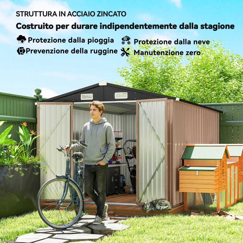 Outsunny Capanno in Metallo 305 x 245 cm, Robusto Capanno da Giardino con 4 Prese d'Aria e Porte Doppie con Serratura, Marrone