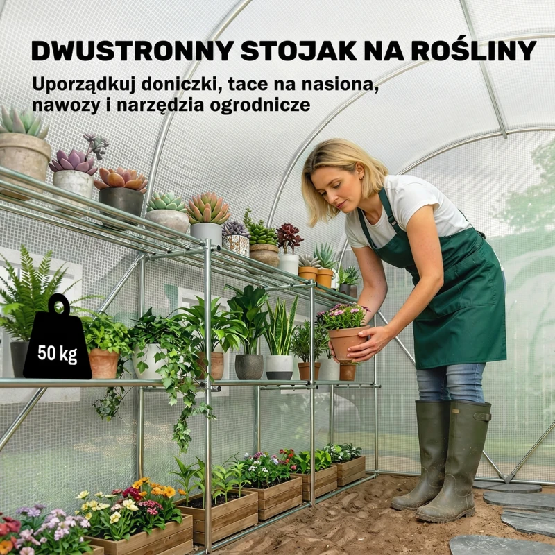 Outsunny Szklarnia foliowa 2,7 x 2 x 2 m z półkami, rolowanymi drzwiami, 6 oknami, wspornikami