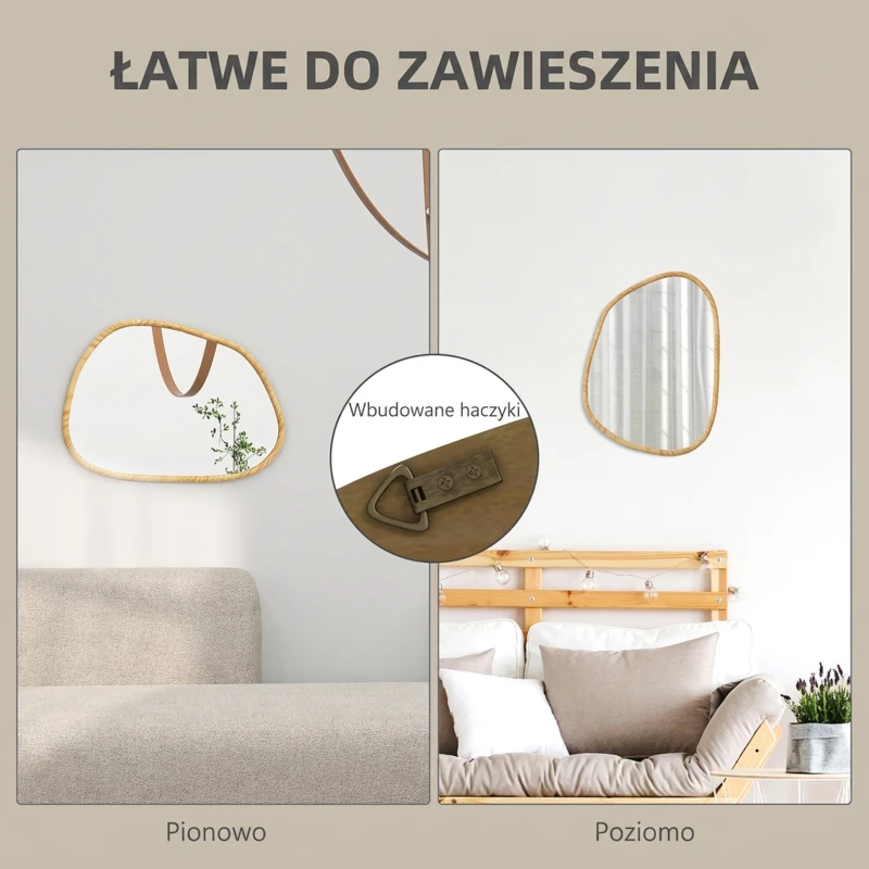 HOMCOM Asymetryczne Lustro Ścienne, 80 x 60 cm, z Ramą Drewnianą, Obróbka Antyoksydacyjna, Lustro Dekoracyjne do Łazienki, Salonu, Korytarza, Sypialni, Naturalne