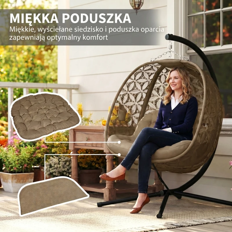 Outsunny Wiszący Fotel z Koszem dla 2 Osób, Składany z Grubą Poduszką, Uchwytami na Napoje i Pasem Bezpieczeństwa