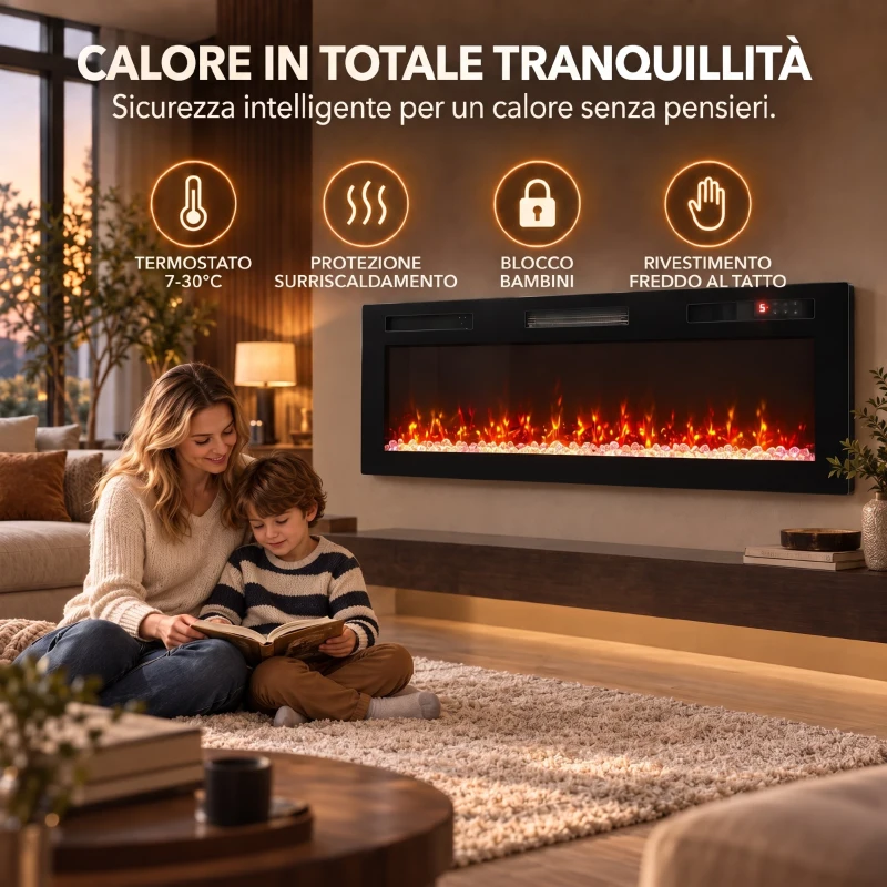 HOMCOM 127 cm Camino Elettrico da Incasso/Parete/Terra Ultrasottile 8.3 cm con Telecomando, 900/1800W, Timer, 35㎡ Nero
