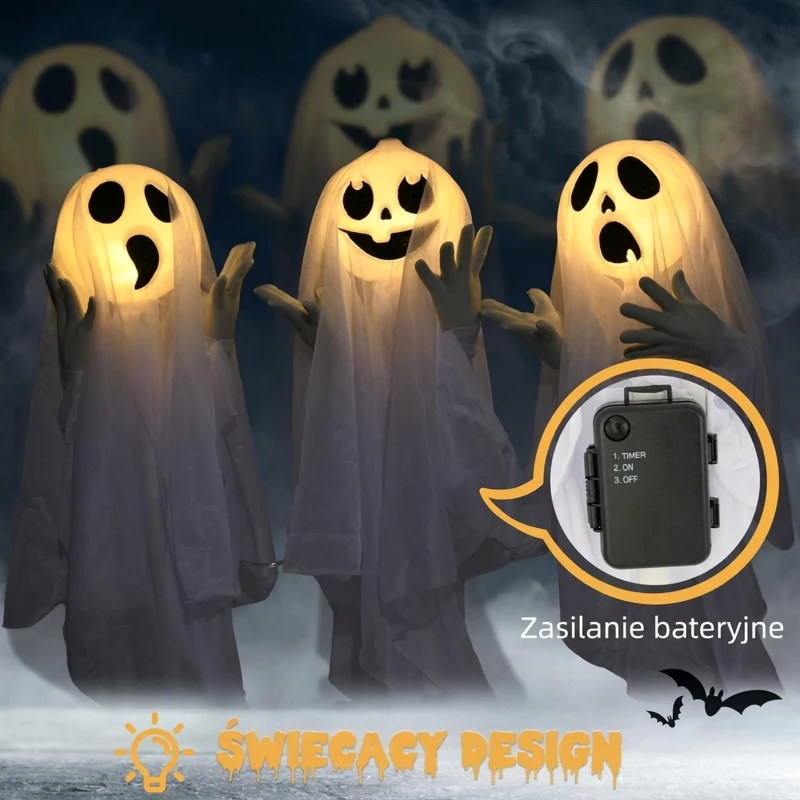 HOMCOM 60cm 23.6" Ghost Stakes Halloween Decorations, Halloween Props with Light Up Heads, for Haunted House Indoor Outdoor Decor