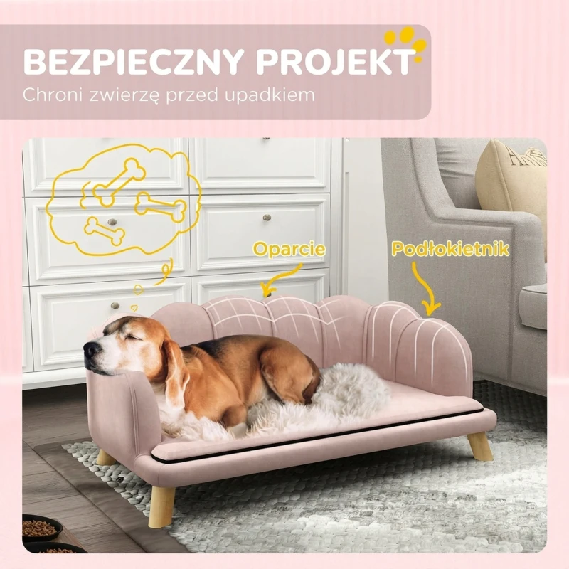 Sofa dla psa, z oparciem i drewnianymi nogami, Różowe