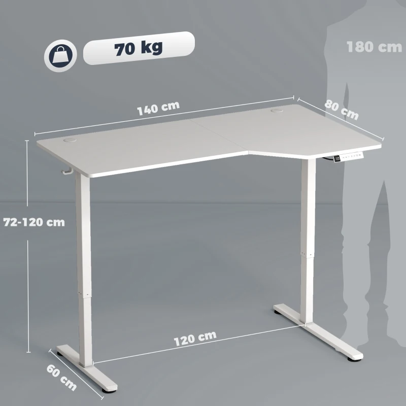 HOMCOM Elektrischer Eckschreibtisch, 3 Speicherplätze, Kabelmanagement, 2 Haken, L-Form, Weiß