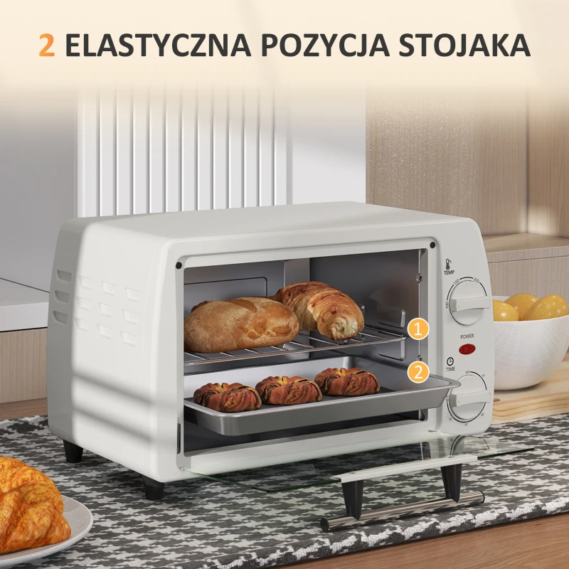 HOMCOM Minipiekarnik Toaster, 1 Blacha, 1 Ruszt, Pojemność 10 L, Funkcja Timera, 36,5 cm x 26 cm x 22 cm, Kremowy