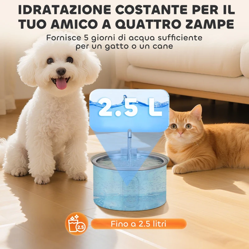 PawHut Fontanella per Gatto 2.5L con Luce LED e 2 Modalità di Flusso, in Acciaio Inox, 19.4x19.4x18.7 cm, Argento
