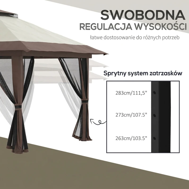Outsunny Pawilon składany, regulowany wysokość, 4 ścianki z siateczki, dach wentylacyjny, torba transportowa, szybki montaż, 4 x 4 x 3 m, Beżowy