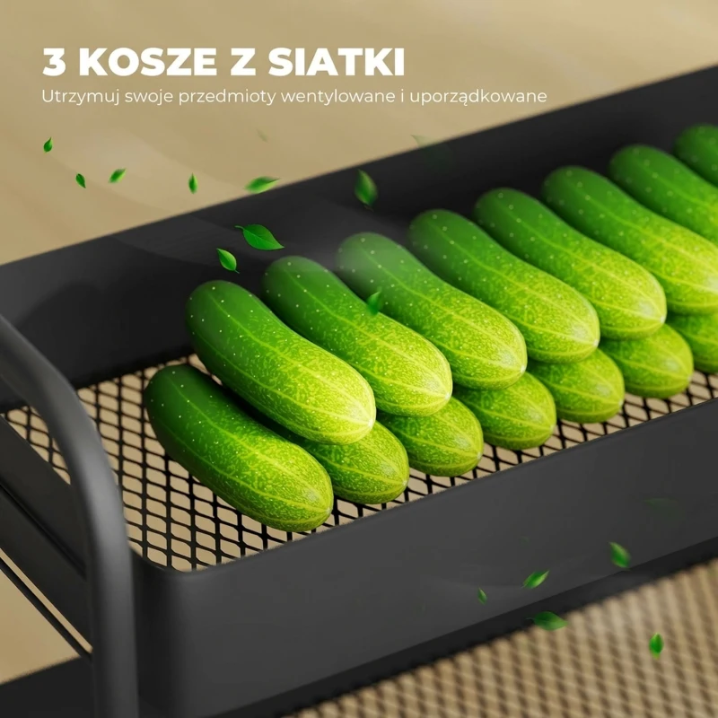 HOMCOM Wózek kuchenny, 3 kosze, 4 koła, Metal, Czarny