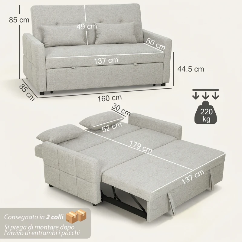 HOMCOM Divano 2 Posti Convertibile in Divano Letto Clic Clac con 2 Cuscini in Tessuto, Marrone Chiaro