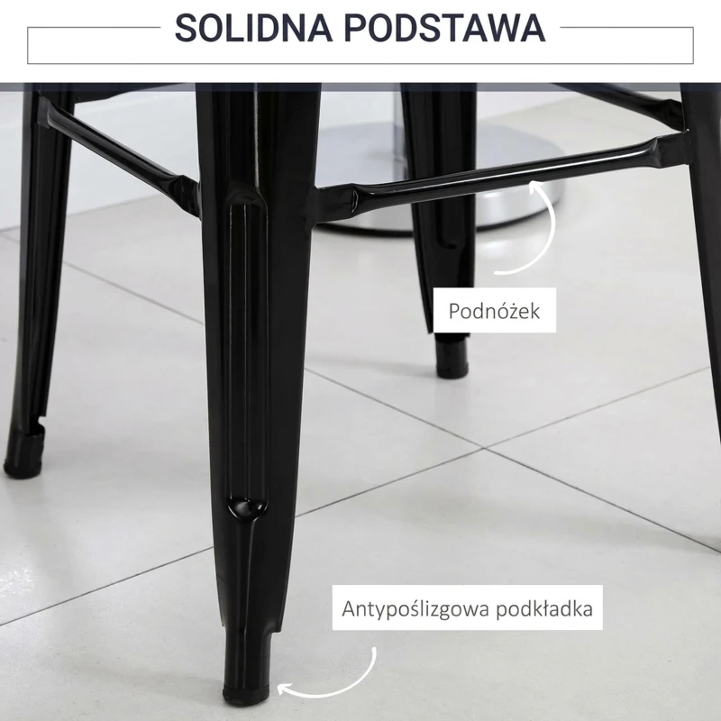 HOMCOM Zestaw 4 Stołków Barowych, Barhocker z Podnóżkiem, Metalowe Stołki Kuchenne, Stosowalne, Czarne