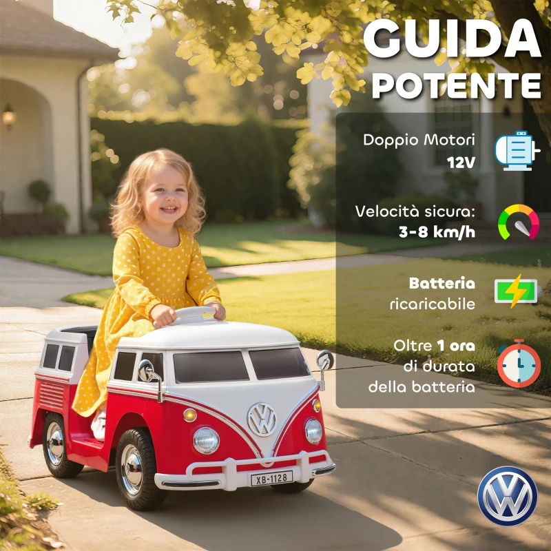 AIYAPLAY Auto Elettrica per Bambini Licenza Volkswagen T1 con Lettore MP3, in Metallo e PP, 89x49x41.5 cm, Rosso