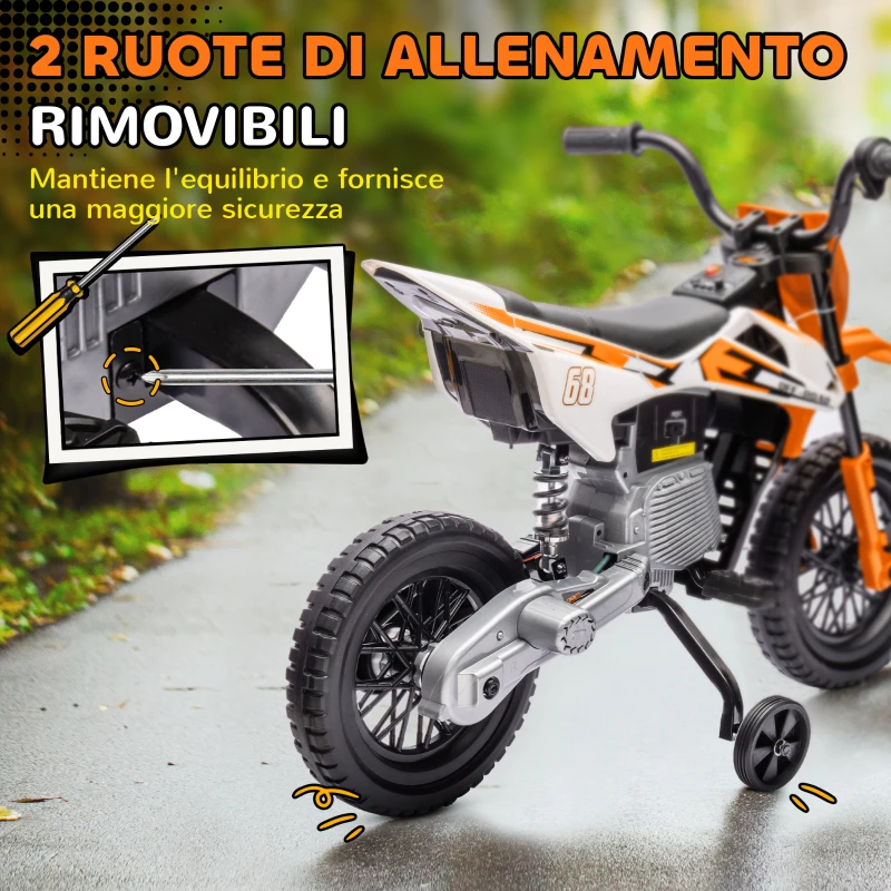 AIYAPLAY Moto Elettrica per Bambini con Rotelle Rimovibili, Sospensioni, Suoni e Indicatore di Carica, Arancione