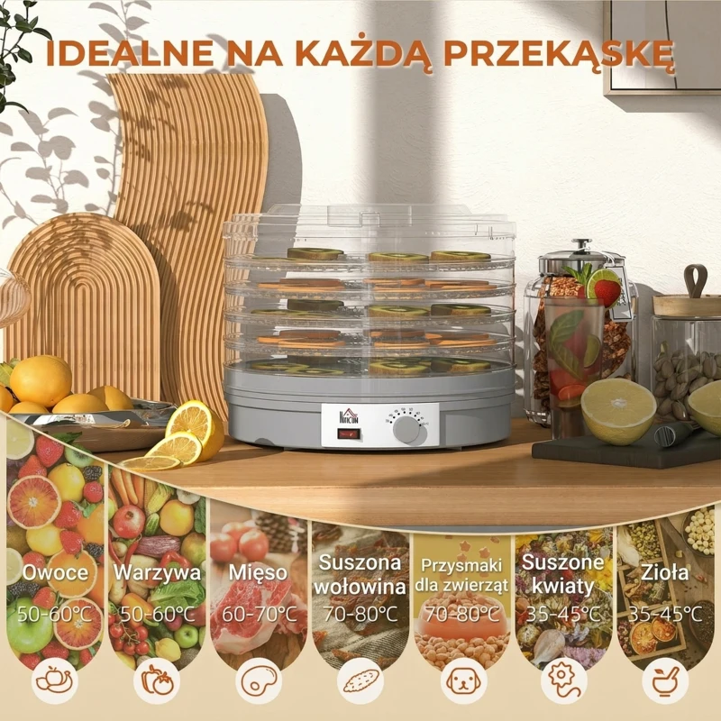 HOMCOM 5-warstwowa suszarka do żywności, 245W, z regulacją temperatury, szara