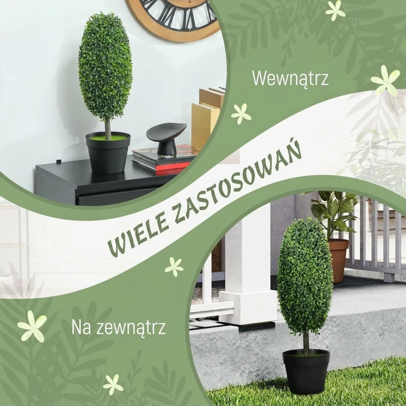 HOMCOM Set of 2 Decorative Artificial Plants, 60cm UV Resistant Faux Olive-Shaped Topiary with Plastic Pot and Flocking, Fake Plants for Indoor Outdoor Decor, Green