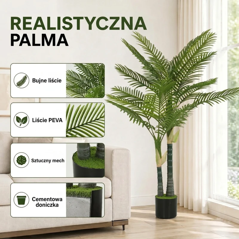 HOMCOM Sztuczna palma 150 cm – duża roślina dekoracyjna w doniczce z 16 liśćmi, idealna do salonu i na balkon, zielona