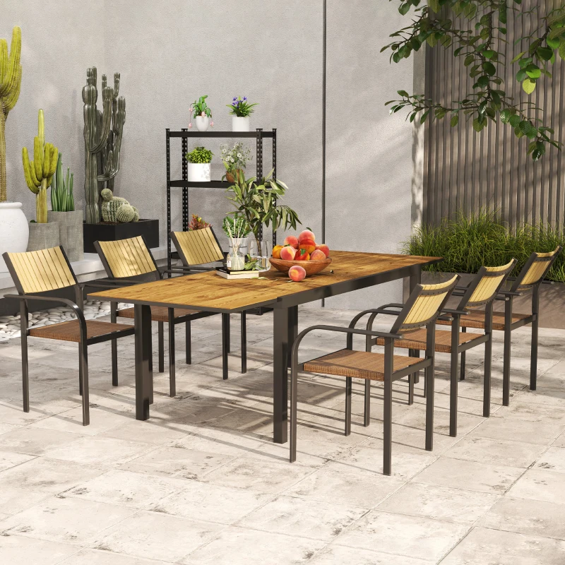 Outsunny Set Tavolo da Giardino Allungabile con 6 Sedie da Esterno Impilabili, Acciaio e Textilene, Marrone