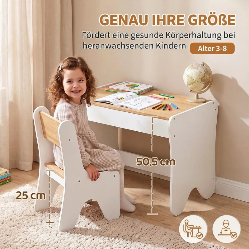 AIYAPLAY Kinder tafel- en stoelset, 2-delig met lade, voor tekenen, wit