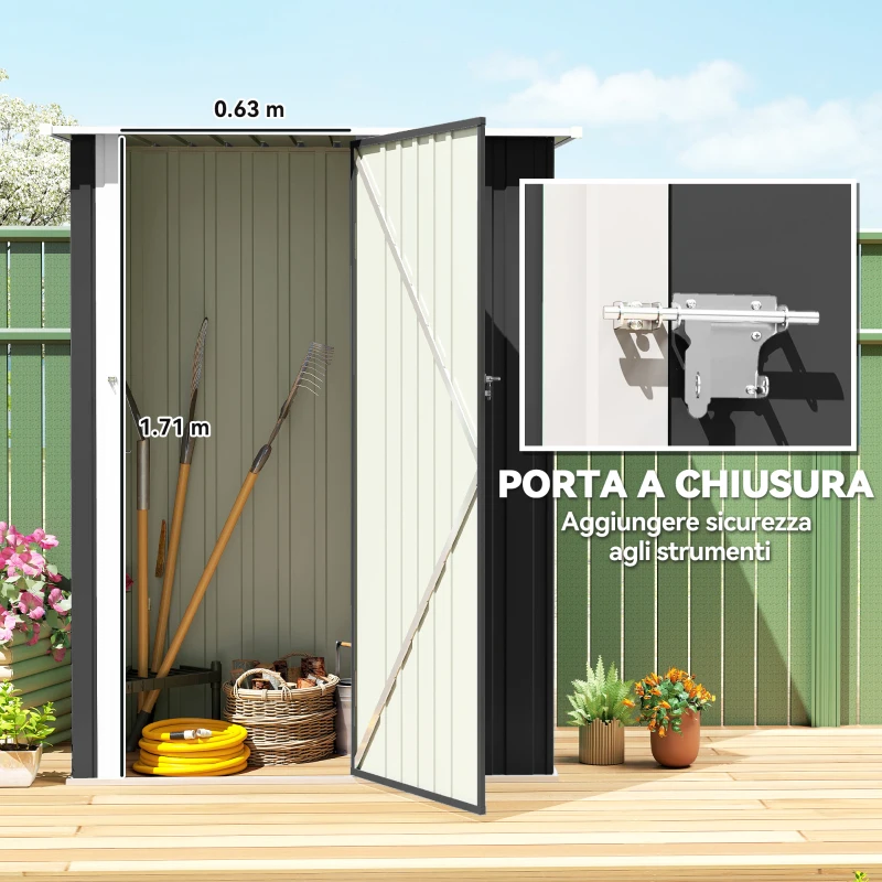 Outsunny Capanno Porta Attrezzi in Metallo con Tetto Inclinato e Porta Bloccabile, 142x86x189 cm, Grigio Scuro