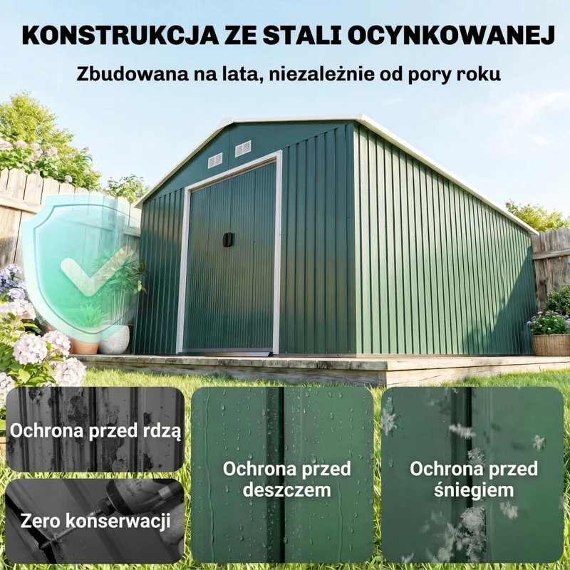 Domek ogrodowy 12,4 m², dach jednospadowy, zielony, z fundamentem