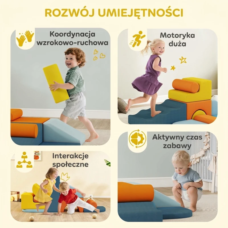 AIYAPLAY 9-elementowy zestaw miękkich klocków, miękkie bloki do budowania i zabawy, zestaw do zabawy wewnątrz dla małych dzieci, pianka, wielokolorowy