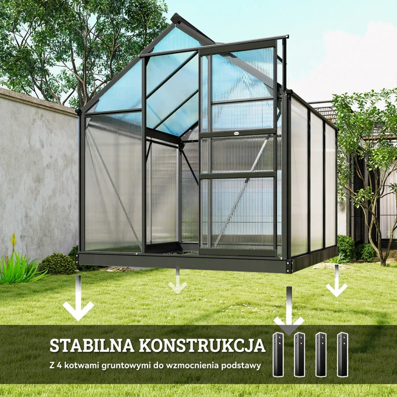 Outsunny Szklarnia Aluminium 3,65m² 190x192x201cm z Fundamentem, Otwieranym Dachem, Drzwiami Przesuwnymi, Panele 4 mm, UV-Ochrona