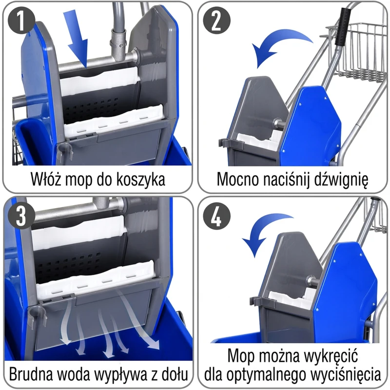 HOMCOM Wózek do sprzątania 26L, z wyciskaczem, niebieski