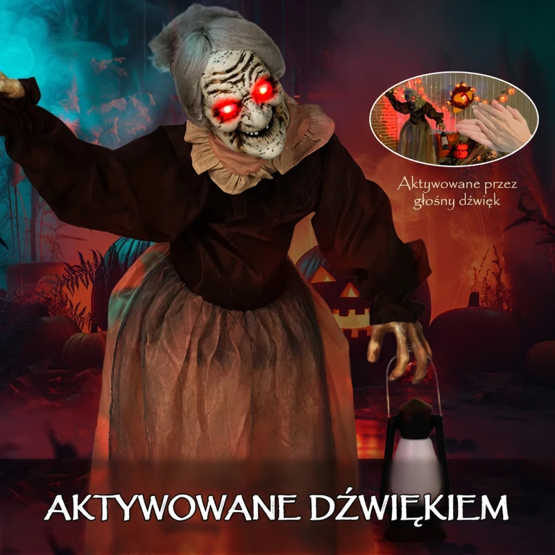 Outsunny Dekoracja na Halloween 150 cm Czarownica z LED, Dźwiękiem, Dekoracja Drzwi z Regulowanymi Ramionami, Głową, Figura Ogrodowa w Naturalnej Wielkości na Imprezę