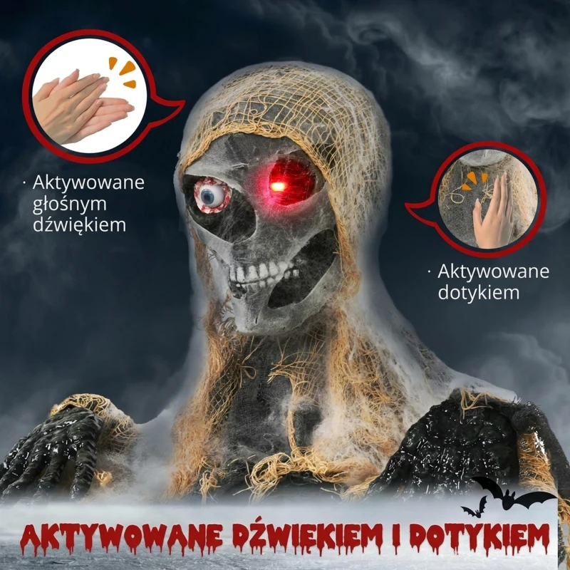 HOMCOM 14" Single-eyed Mummy Outdoor Halloween Decoration, Halloween Animatronic with Sound Activated, Light Up Eyes, Sound Effects, Animated Prop for Haunted House