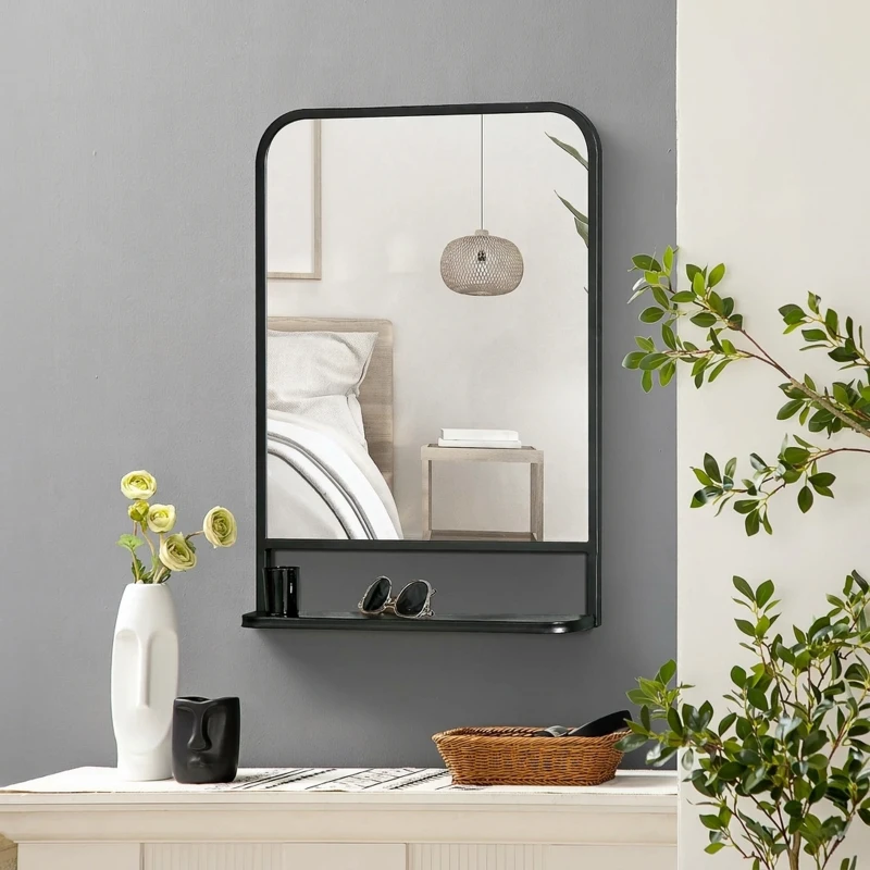 HOMCOM LUSTRO ŚCIENNE Z RAMĄ METALOWĄ, ZAOKRĄGLONE KRAWĘDZIE, 1 PÓŁKA  70 cm x 10,2 cm x 50 cm CZARNE + SREBRNE