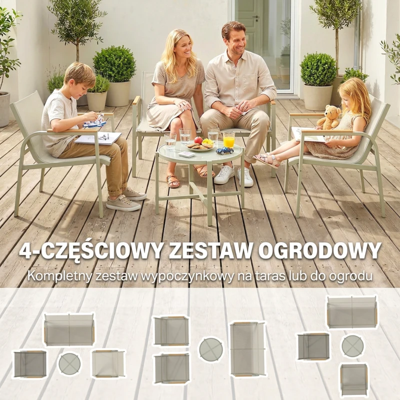 Outsunny Zestaw mebli ogrodowych metalowy, odporny na warunki atmosferyczne, sofa 2-osobowa, 2 fotele, stolik, zielony