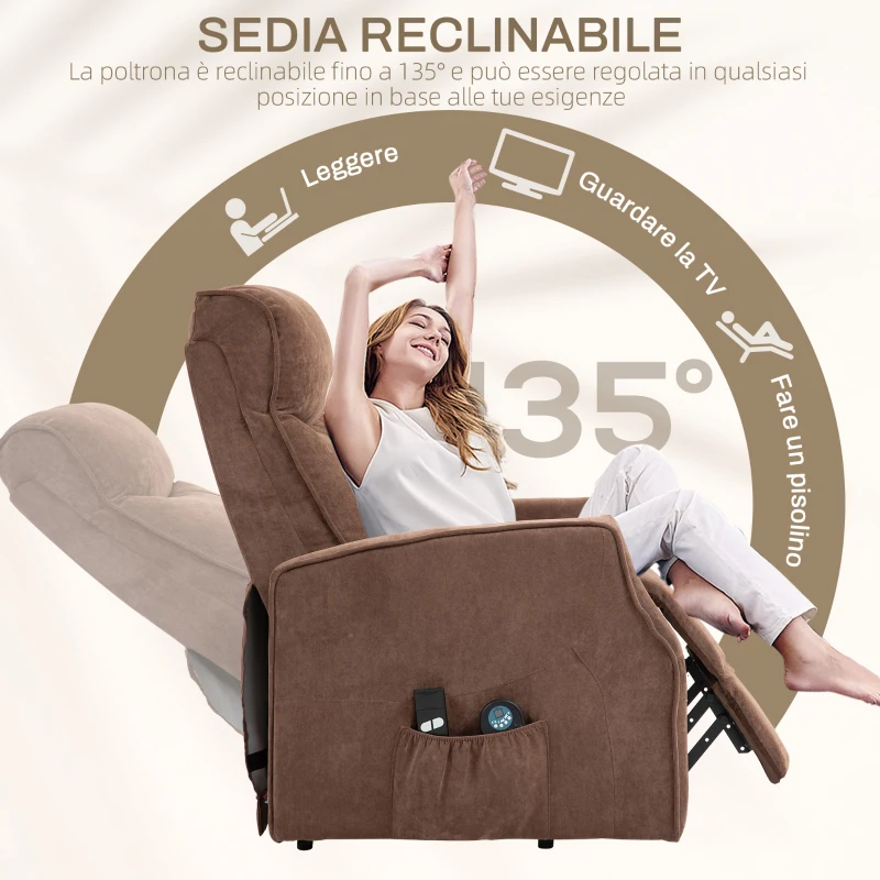 HOMCOM Poltrona Relax Alzapersona con 8 Punti Massaggio, Reclinazione a 135° e 2 Telecomandi, Marrone