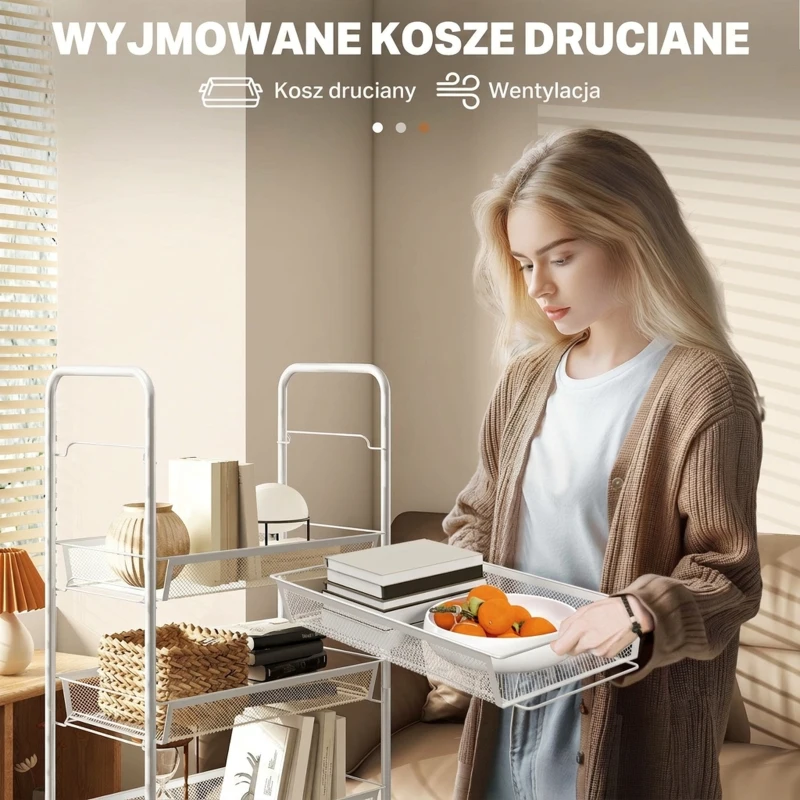HOMCOM Kuchenny wózek z 5 drucianymi koszami, 4 haczykami, 4 kółkami i 2 uchwytami, stal/plastik, 45x26,5x106 cm, biały