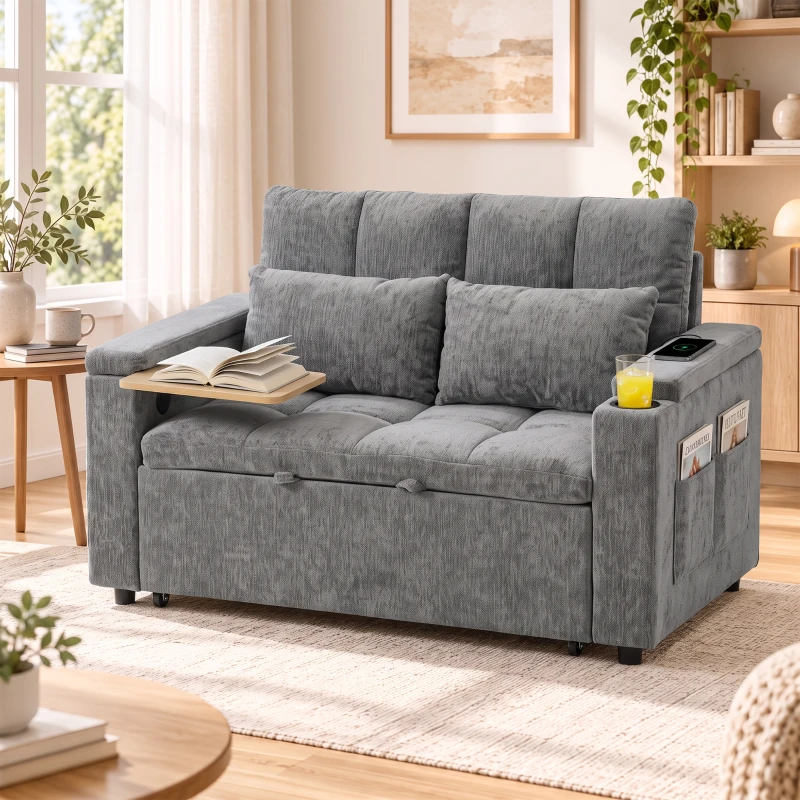 HOMCOM Canapé-lit 2 places à dossier réglable Canapé-lit avec 2 coussins 136x190 cm Gris