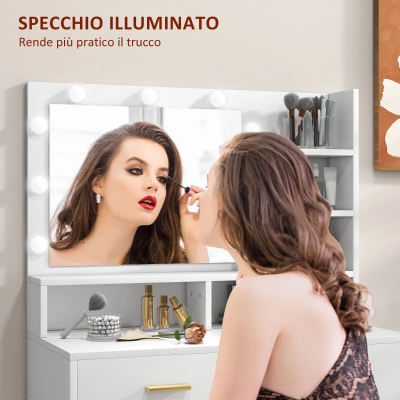 HOMCOM Mobile Toeletta con Specchio, 2 Cassetti, 5 Ripiani e Sgabello, in MDF e Truciolato, 80x40x138 cm, Bianco