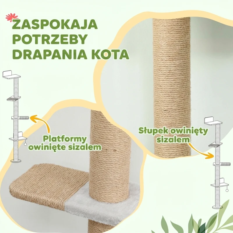PawHut Drapak dla kota, 5-poziomowy design, zabawka, słup sizalowy, materiał pluszowy, jasnoszary