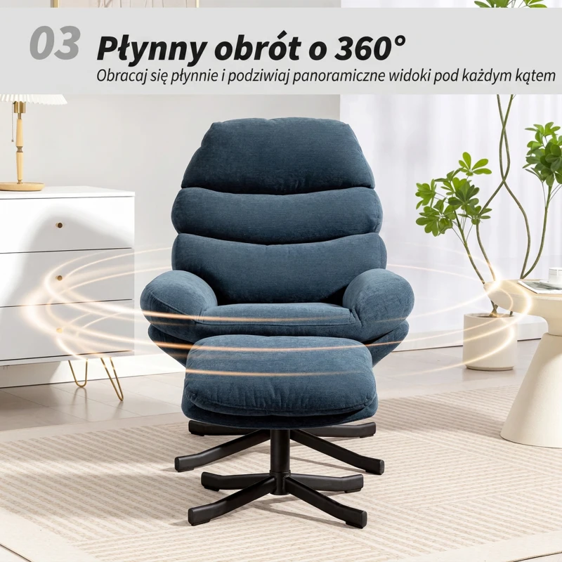 HOMCOM Fotel Relaksacyjny z Podnóżkiem, Niebieski, Wypoczynkowy Fotel z Materiału Chenille, Nowoczesny do Telewizji, z Podłokietnikami do Salonu, Sypialni