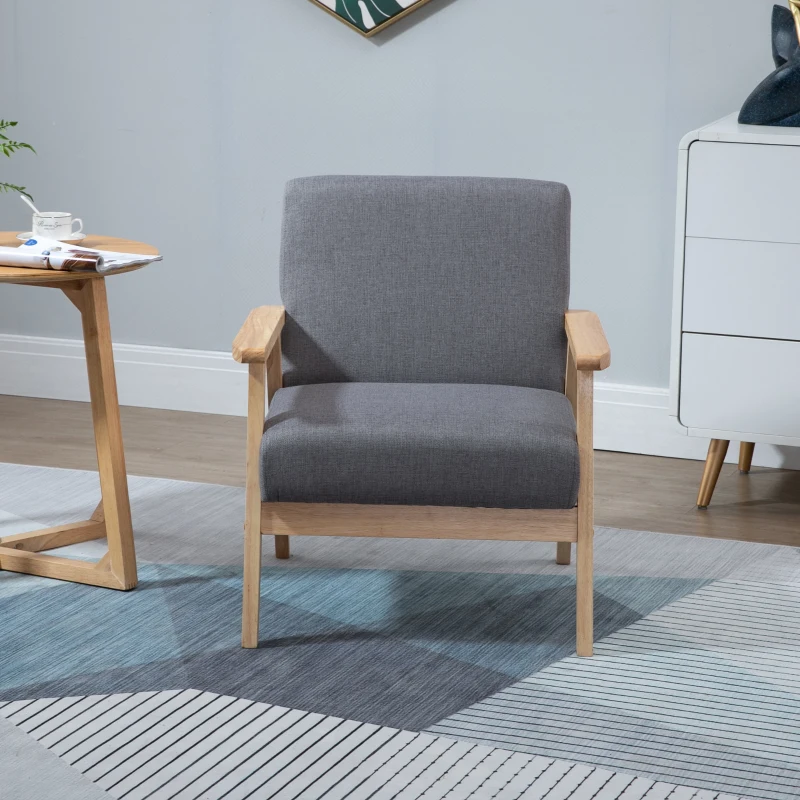HOMCOM Fotel w stylu skandynawskim, Fotel akcentowy, Lite drewno, Imitacja lnu, 64 cm x 70 cm x 72 cm, Szary + Natura