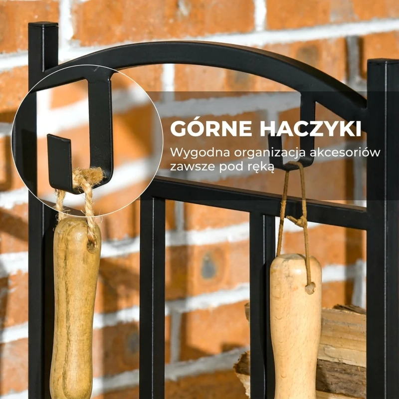 Stojak na drewno kominkowe Outsunny, wewnętrzny, 46 x 32 x 126 cm, 3 poziomy, z 4 hakami, uchwytami, czarny metal