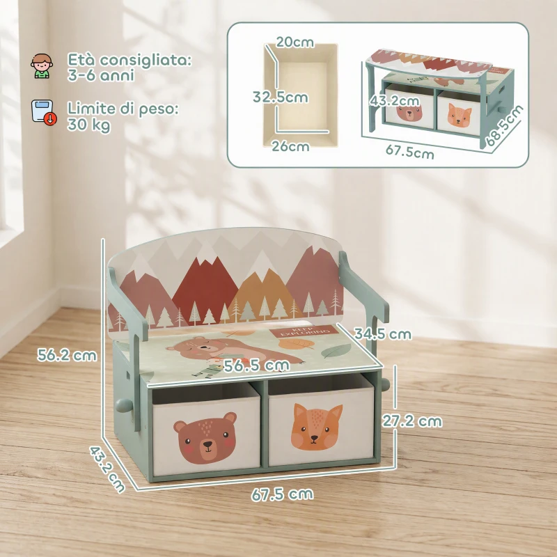 AIYAPLAY 3 in 1 Panca Porta Giochi per Bambini, Convertibile in Tavolo e Sedia con 2 Contenitori, Stampa Orsetto, Verde