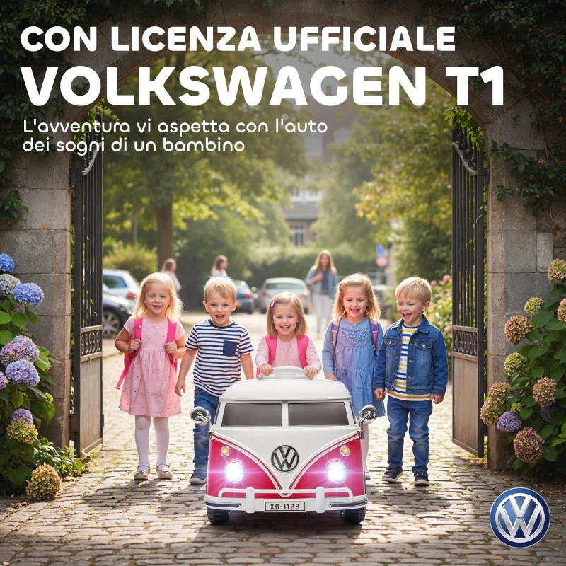 AIYAPLAY Auto Elettrica per Bambini Licenza Volkswagen T1 con Lettore MP3, in Metallo e PP, 89x49x41.5 cm, Rosso