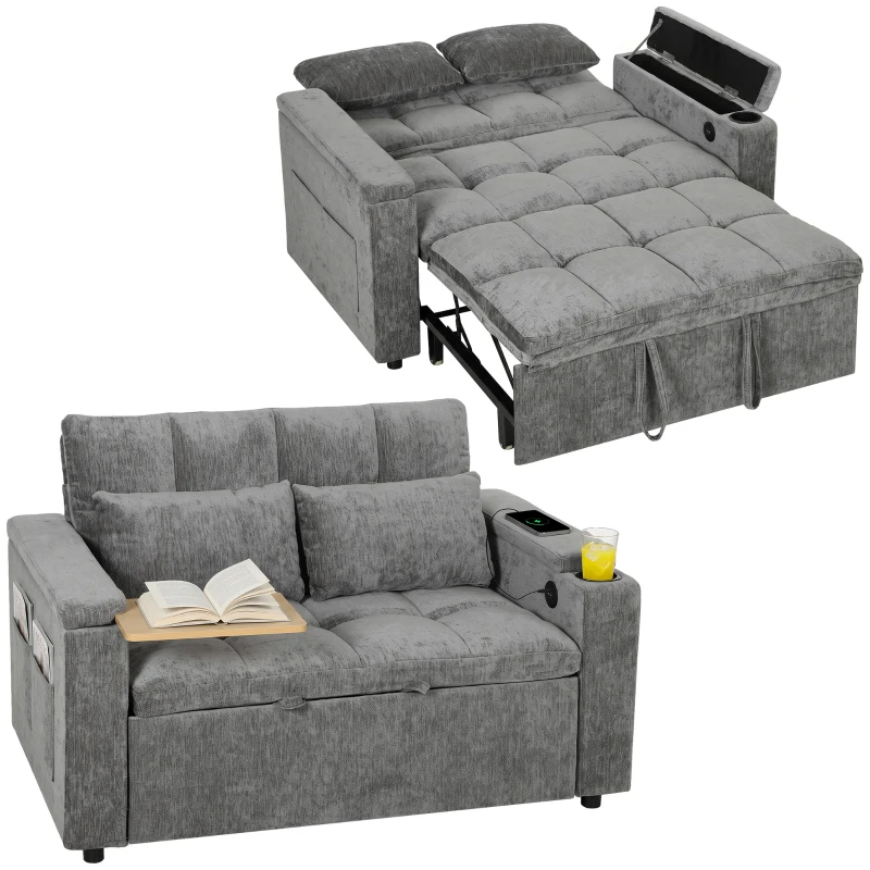HOMCOM Canapé-lit 2 places à dossier réglable Canapé-lit avec 2 coussins 136x190 cm Gris