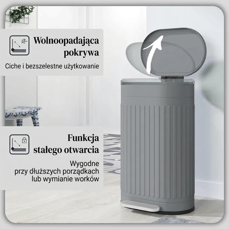 HOMCOM Kosz na Śmieci 30L z Pokrywą i Pedałem, Wyjmowany Wewnętrzny Pojemnik, Funkcja Soft-Close, 36,5 x 31,2 x 60,8 cm, Szary
