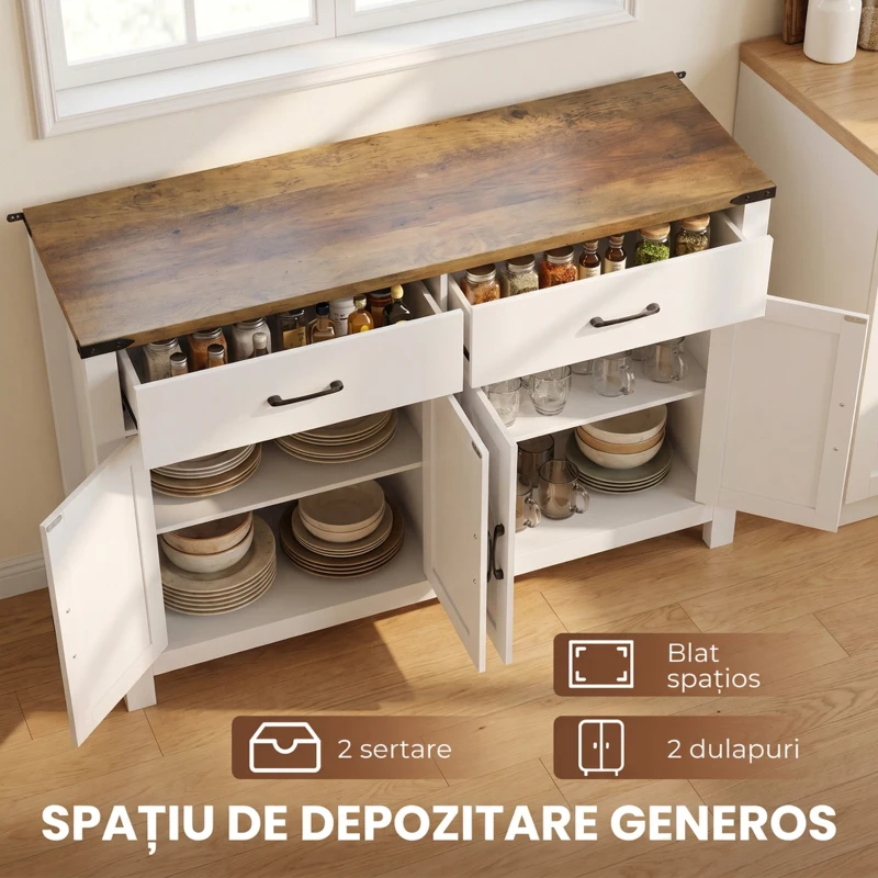 HOMCOM Bufet de bucătărie cu 2 sertare și 2 dulapuri, stil rustic, cu rafturi reglabile, alb