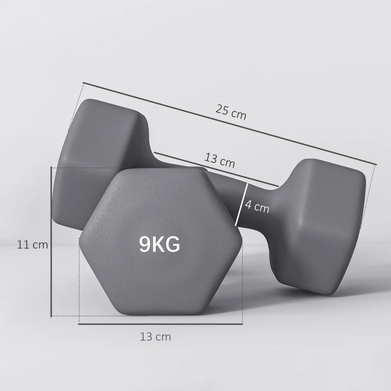 SPORTNOW Set 2 Manubri Esagonali da 9 kg in Metallo e Plastica con Impugnatura Antiscivolo, 25x11x11cm, Grigio